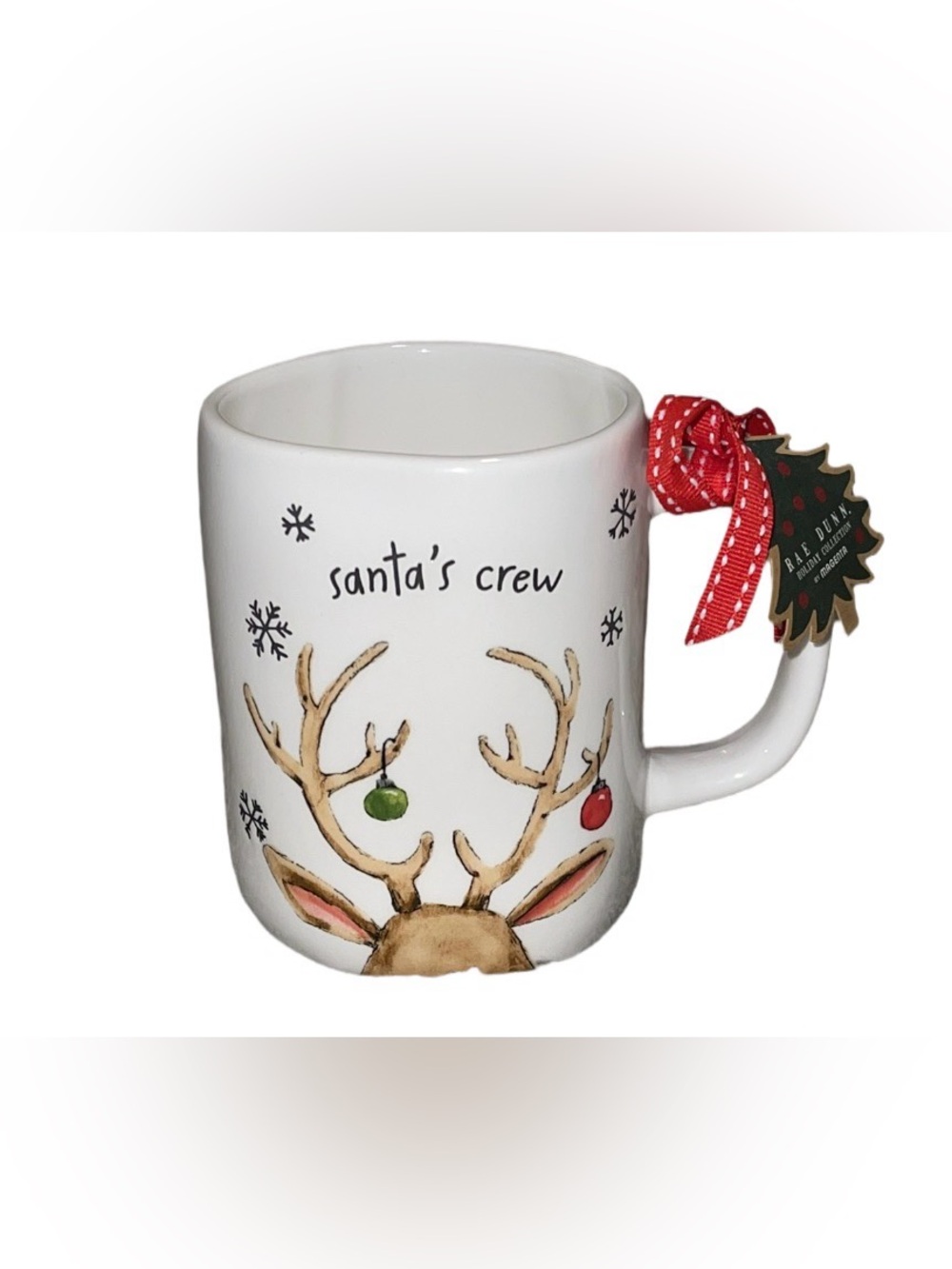 Rae Dunn White Ceramic "Santa's Crew" Reindeer Mug with Red Ribbon